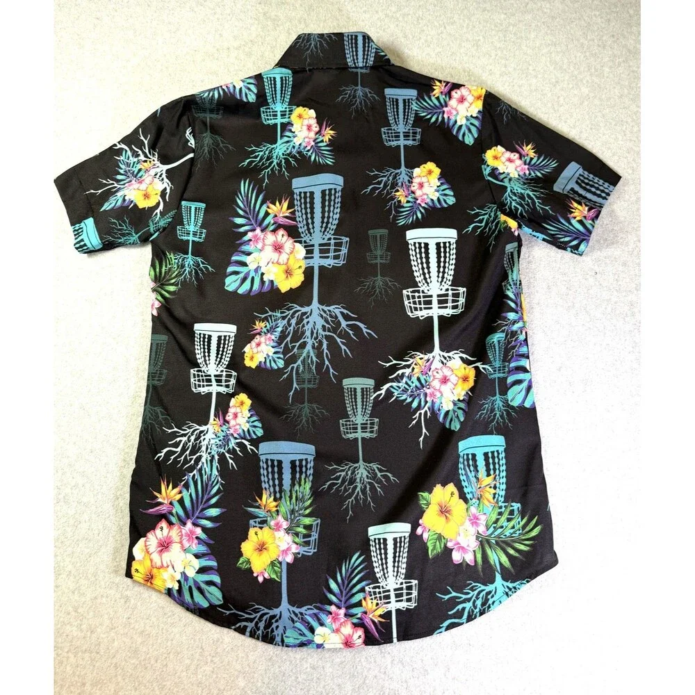 Disc Golf Hawaiian Shirt Men's Tropical Basket Floral Print Button Up Size Small